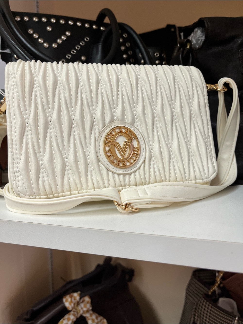 Valentino Crossbody Bag in Ivory leather/quilted silky fabric gold hardware NWOT